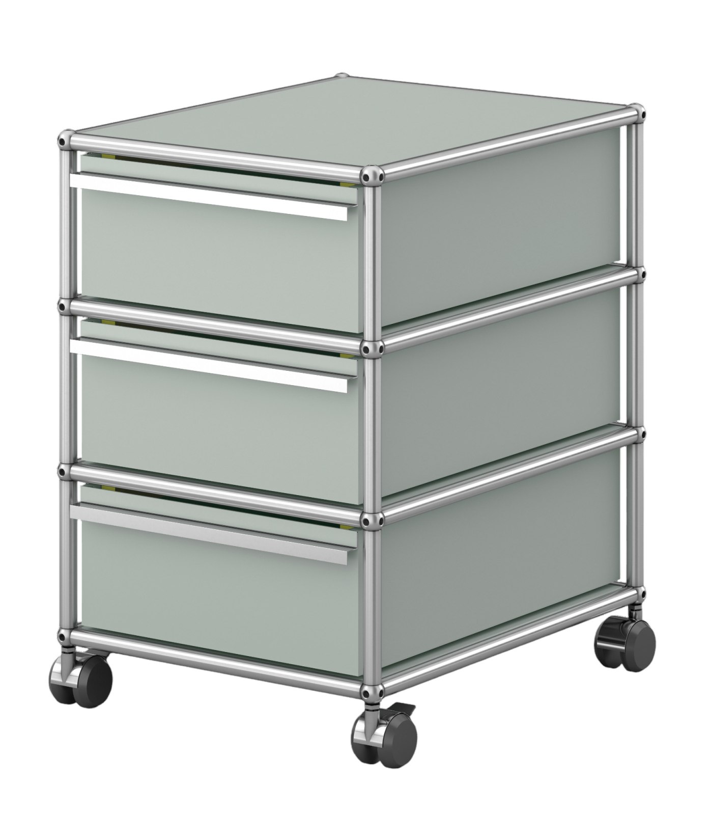 USM Haller Rollcontainer in Lichtgrau mit drei Schubladen und verchromtem Gestell auf Rollen.