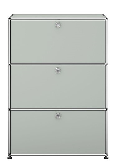 USM Haller Highboard in Lichtgrau mit drei Klappen und verchromtem Gestell, Frontansicht.