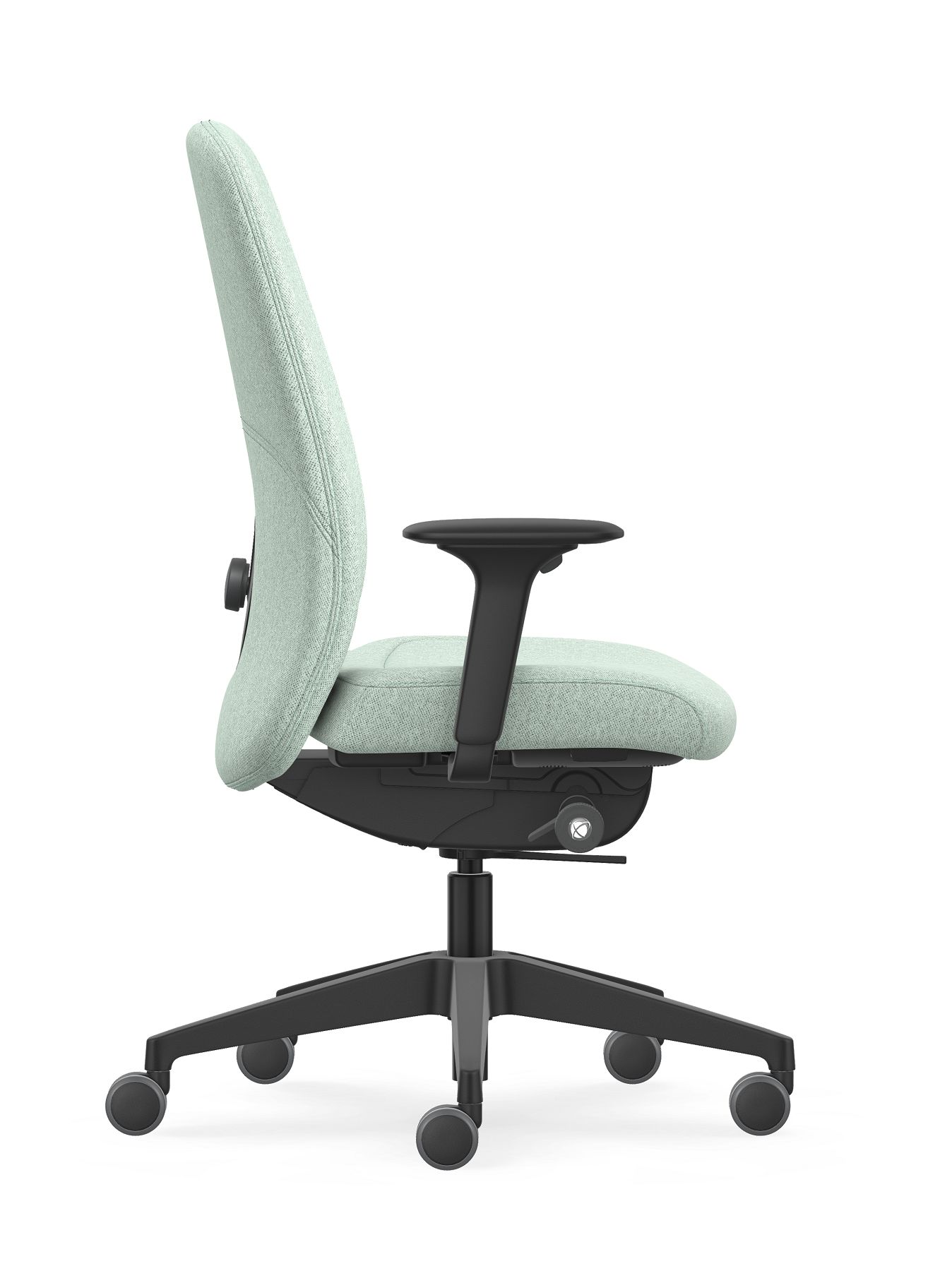 HEJ Bürodrehstuhl von Interstuhl, Seitenansicht: Ergonomischer Schreibtischstuhl mit hellgrünem Stoffbezug und schwarzem Fußkreuz.