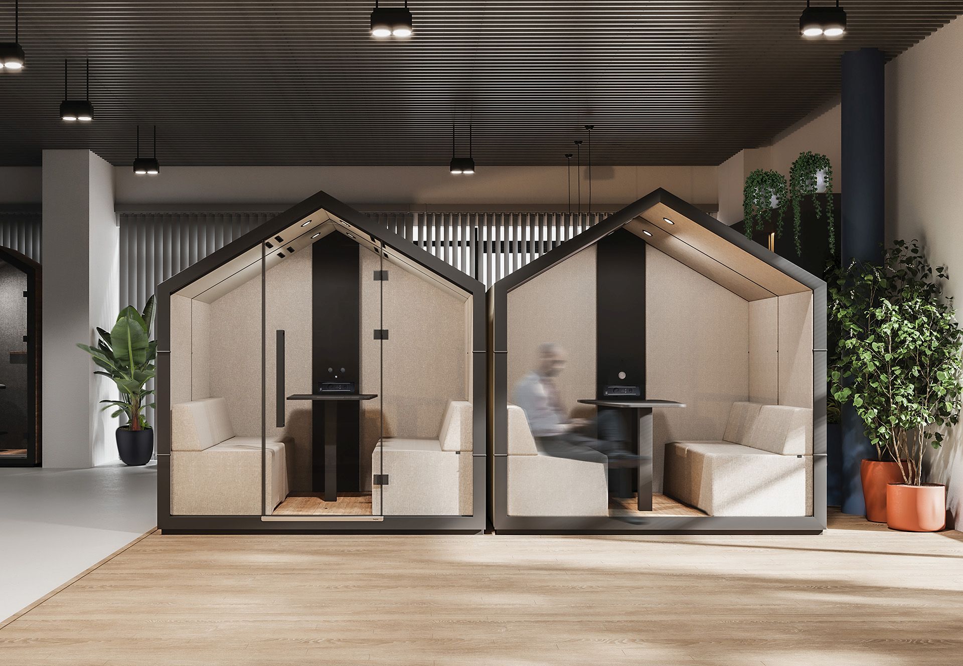 Bejot treehouse TH 4 Akustikkabinen für vier Personen, moderne Büromöbel für konzentriertes Arbeiten im Open Space.