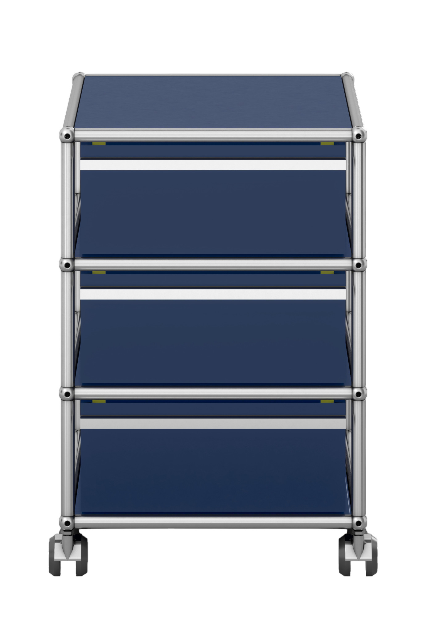 USM Haller Rollcontainer QUICK SHIP in Blau mit drei Schubladen und verchromtem Gestell.