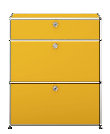 USM Haller Highboard in Goldgelb mit zwei Klappen, modernes Designmöbel für stilvolle Aufbewahrung.