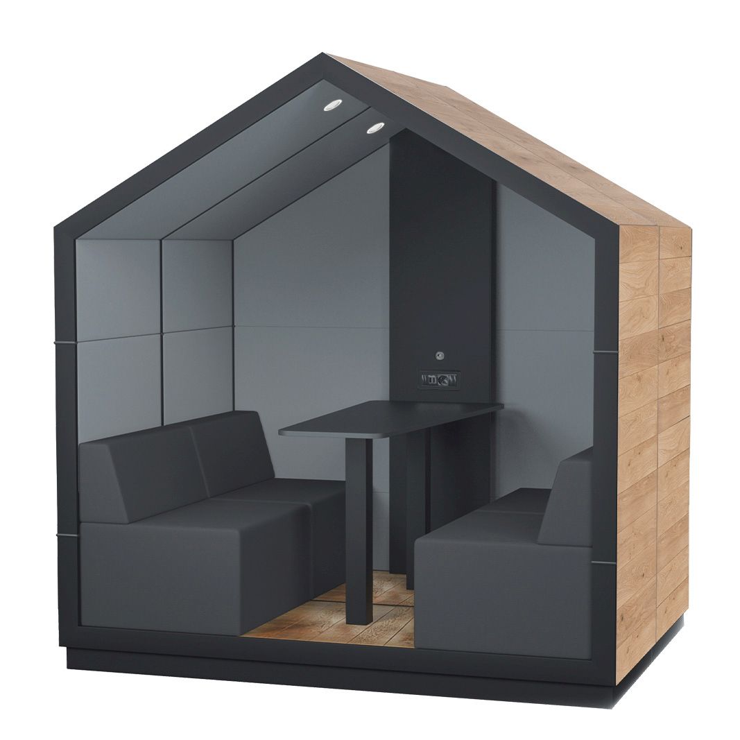 treehouse TH 4 Akustikkabine von Bejot mit Tisch und Sitzbänken für vier Personen.