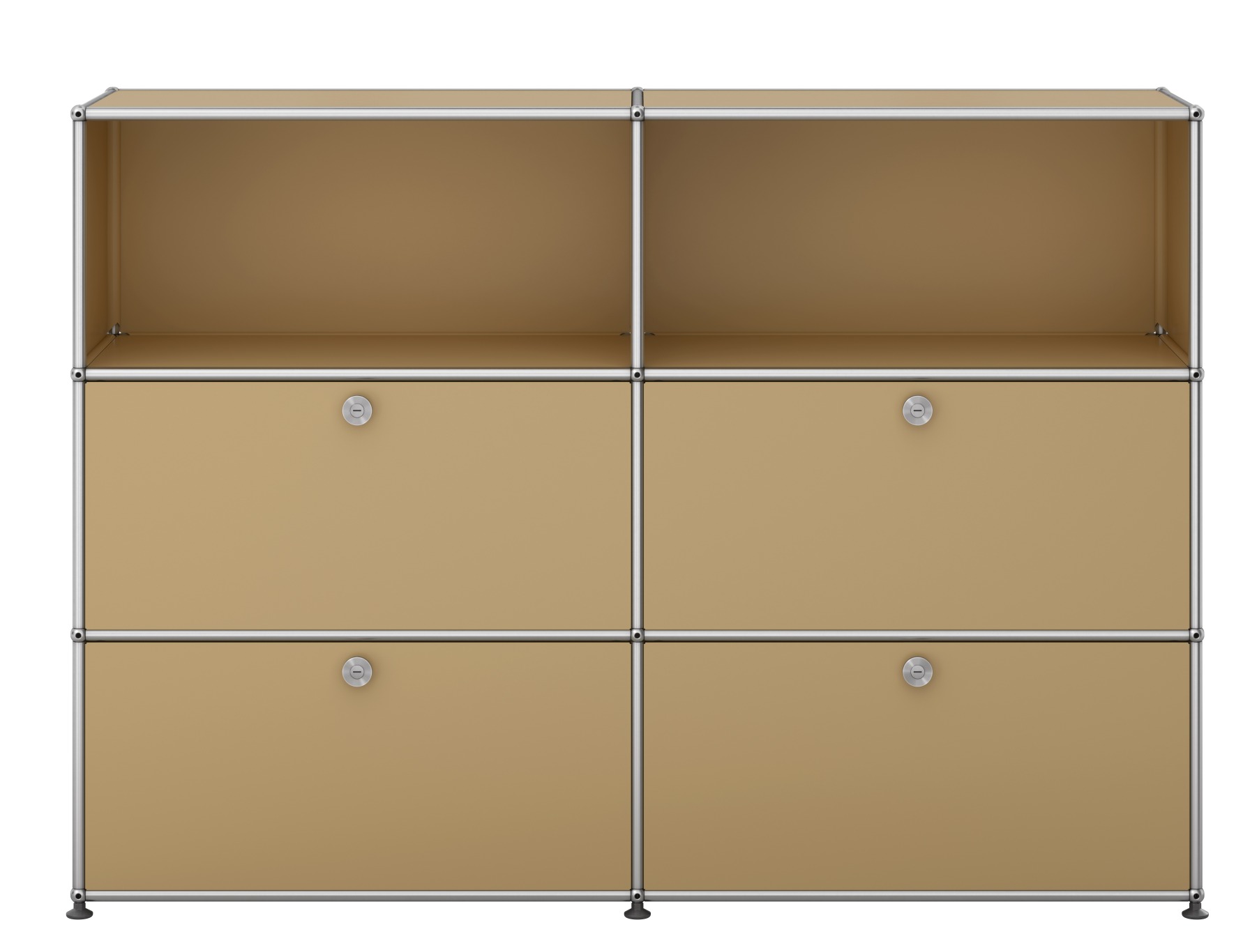 Beiges USM Haller Sideboard mit vier Klappen, modulare Aufbewahrungslösung für modernes Wohnen und Büro.