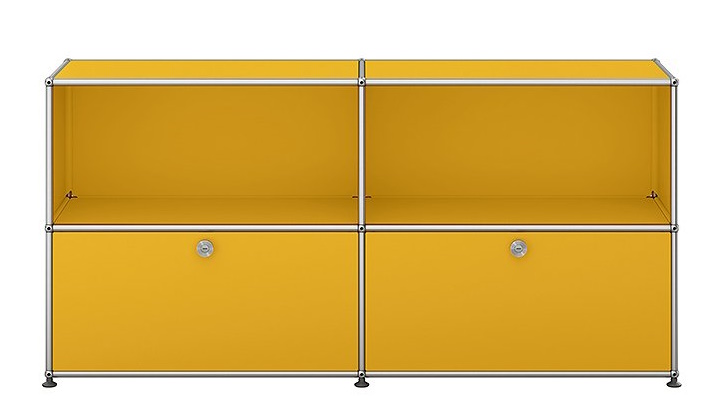 Goldgelbes USM Haller Sideboard mit zwei Klappen, Chromgestell, modernes modulares Möbeldesign für Wohnzimmer und Büro.