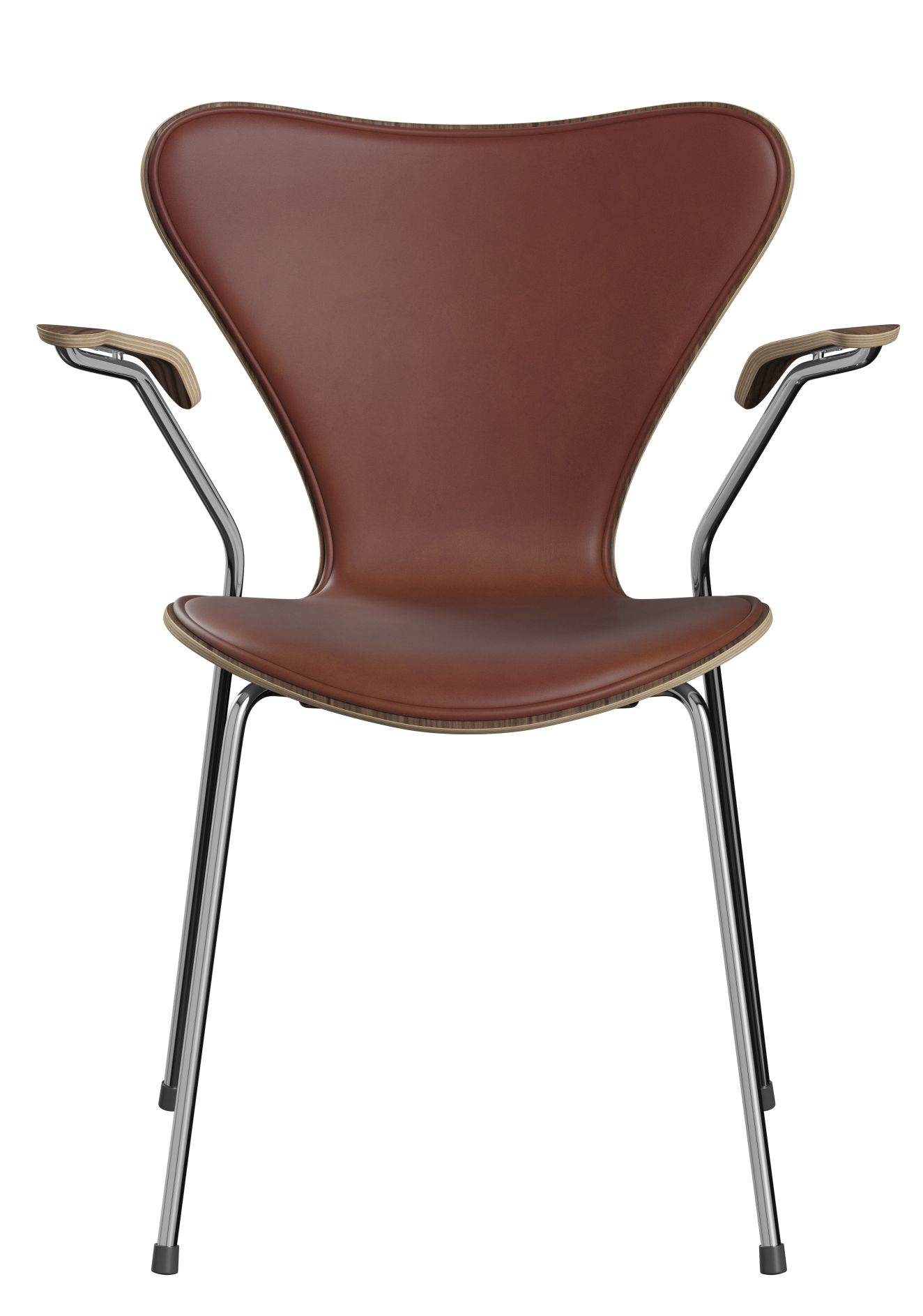 Siebener Stuhl von Fritz Hansen, Jubiläumsmodell in Kastanienleder mit Armlehnen und Chromgestell.