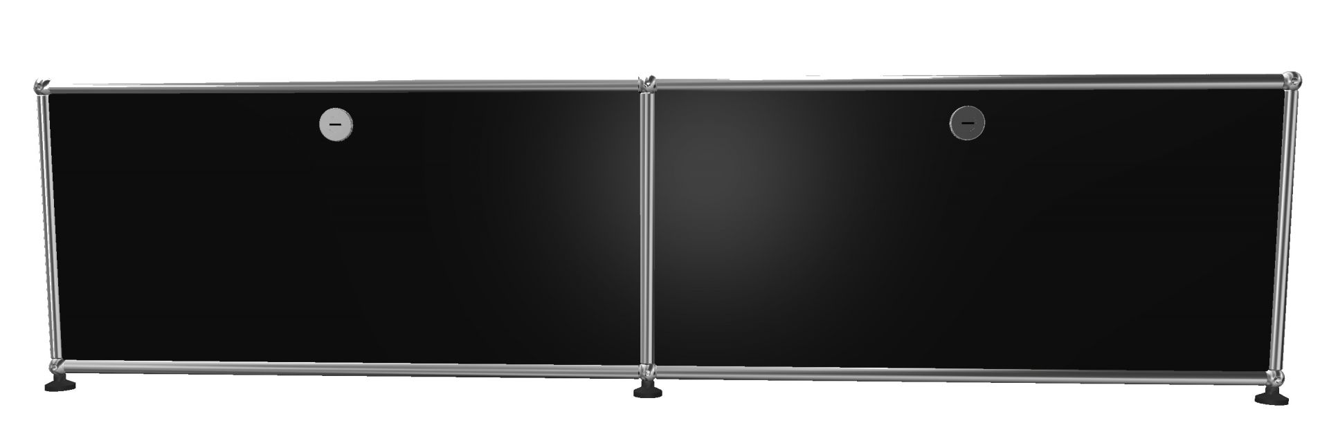 USM Haller Lowboard in Graphitschwarz mit zwei Klappen und verchromtem Gestell für modernes Wohnen.