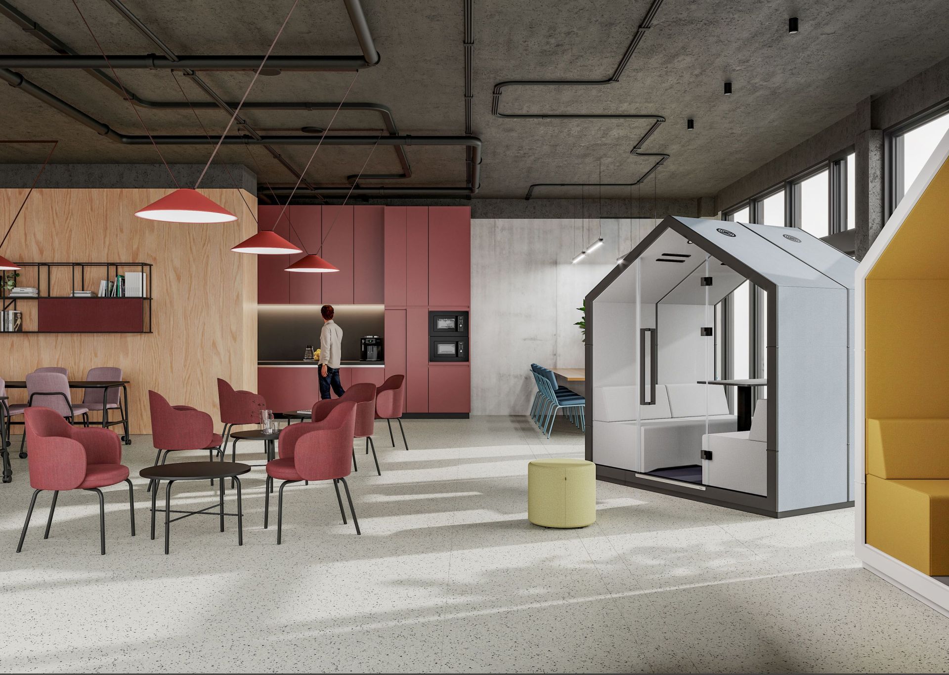 Büro mit treehouse TH 4 Akustikmöbel von Bejot, schalldichte Telefonzelle für vier Personen im modernen Großraumbüro.