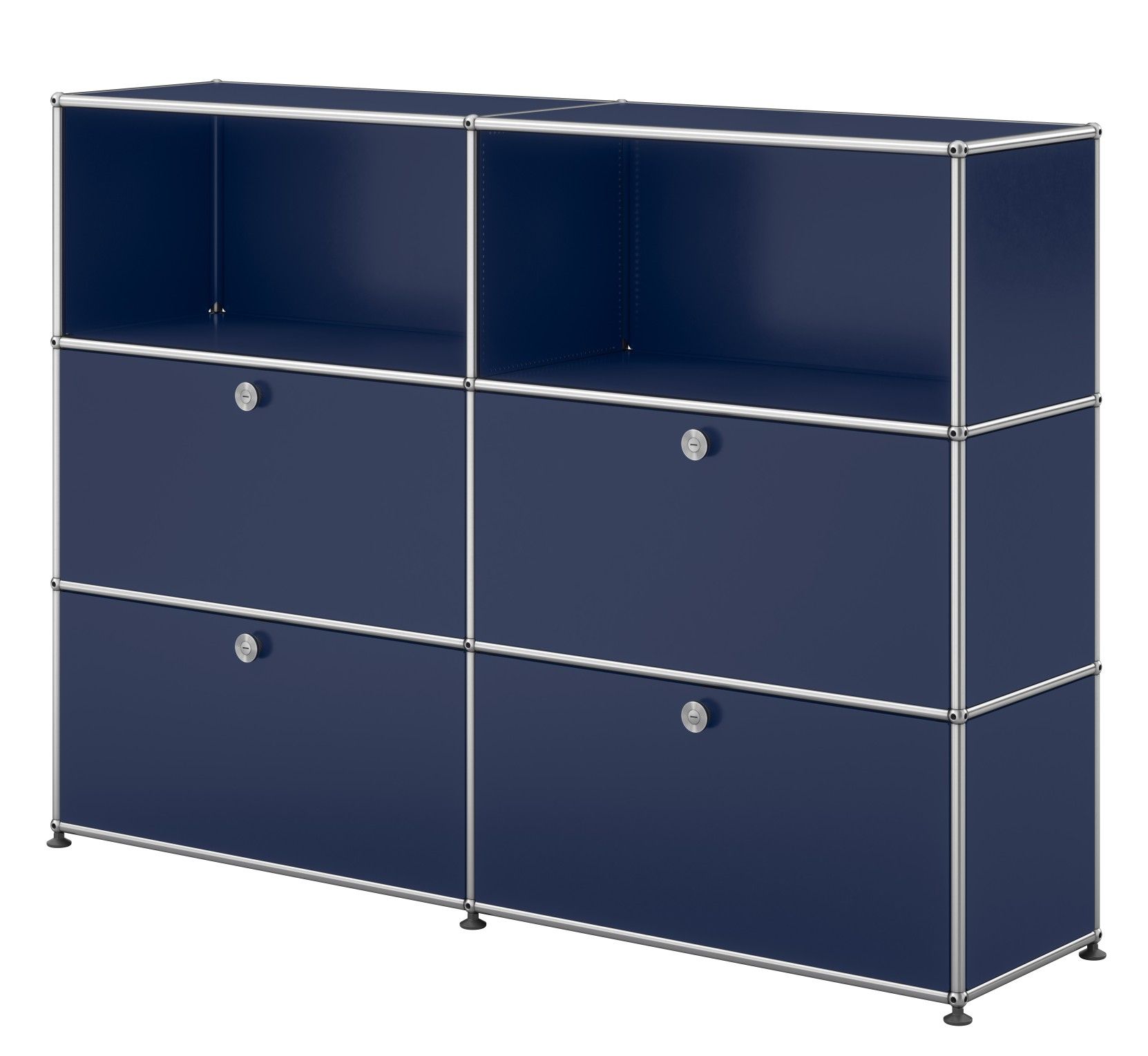 USM Haller Sideboard in Stahlblau mit vier Klappen und verchromtem Gestell, modernes Design.