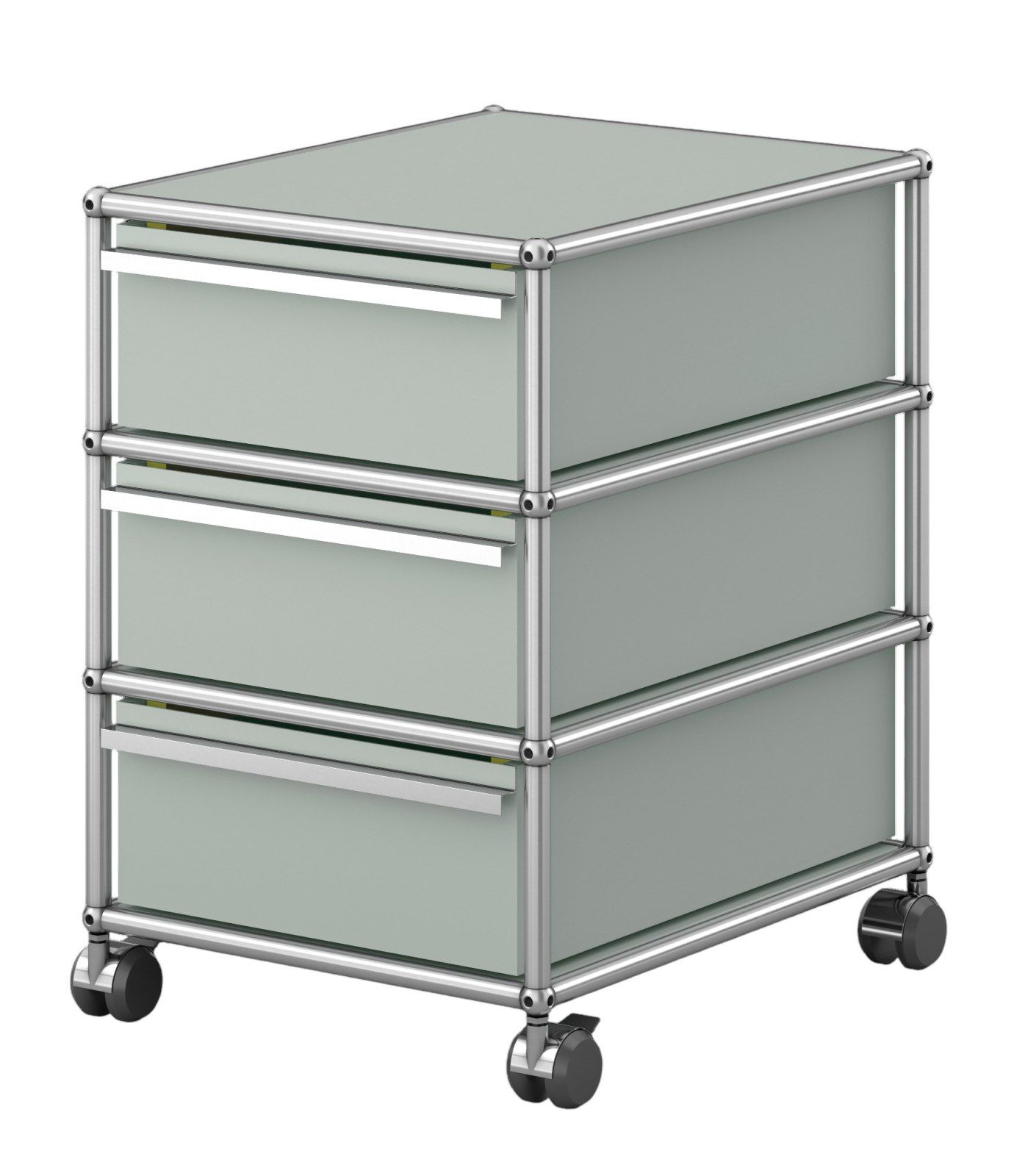 USM Haller Rollcontainer in Lichtgrau mit drei Schubladen und verchromtem Gestell auf Rollen.