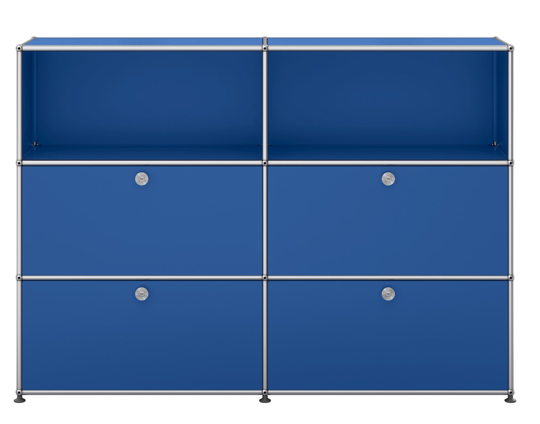 USM Haller Sideboard in Enzianblau mit vier Klappen, modernes modulares Designmöbel für Wohnzimmer und Büro.