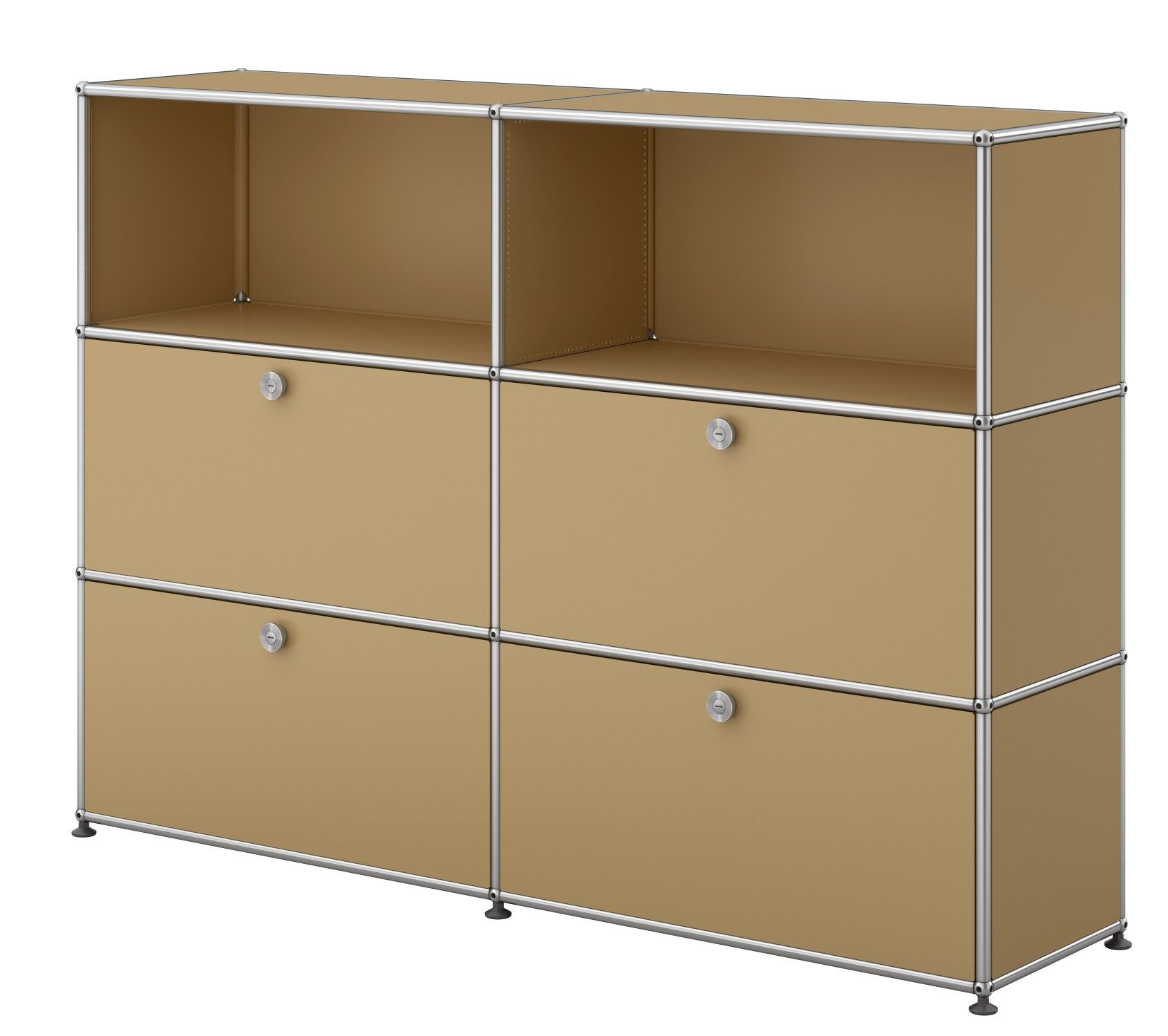 Beiges USM Haller Sideboard mit vier Klappen und offenen Fächern, modernes modulares Designmöbel.
