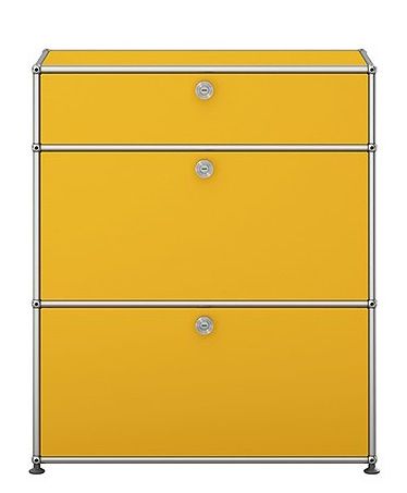 USM Haller Highboard in Goldgelb mit zwei Klappen, modernes Designmöbel für stilvolle Aufbewahrung.