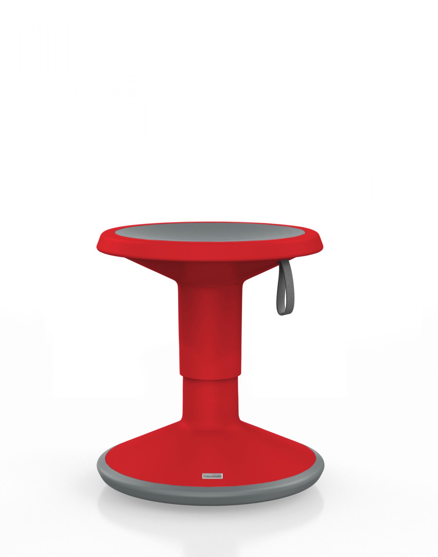 Roter Interstuhl UP Junior Edition Kinderhocker mit grauem Sitz und Fußring, ergonomisch und höhenverstellbar.