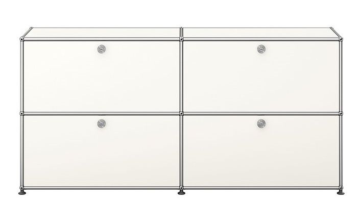 Weißes USM Haller Sideboard mit vier Klappen und verchromtem Gestell, modernes Designmöbel.