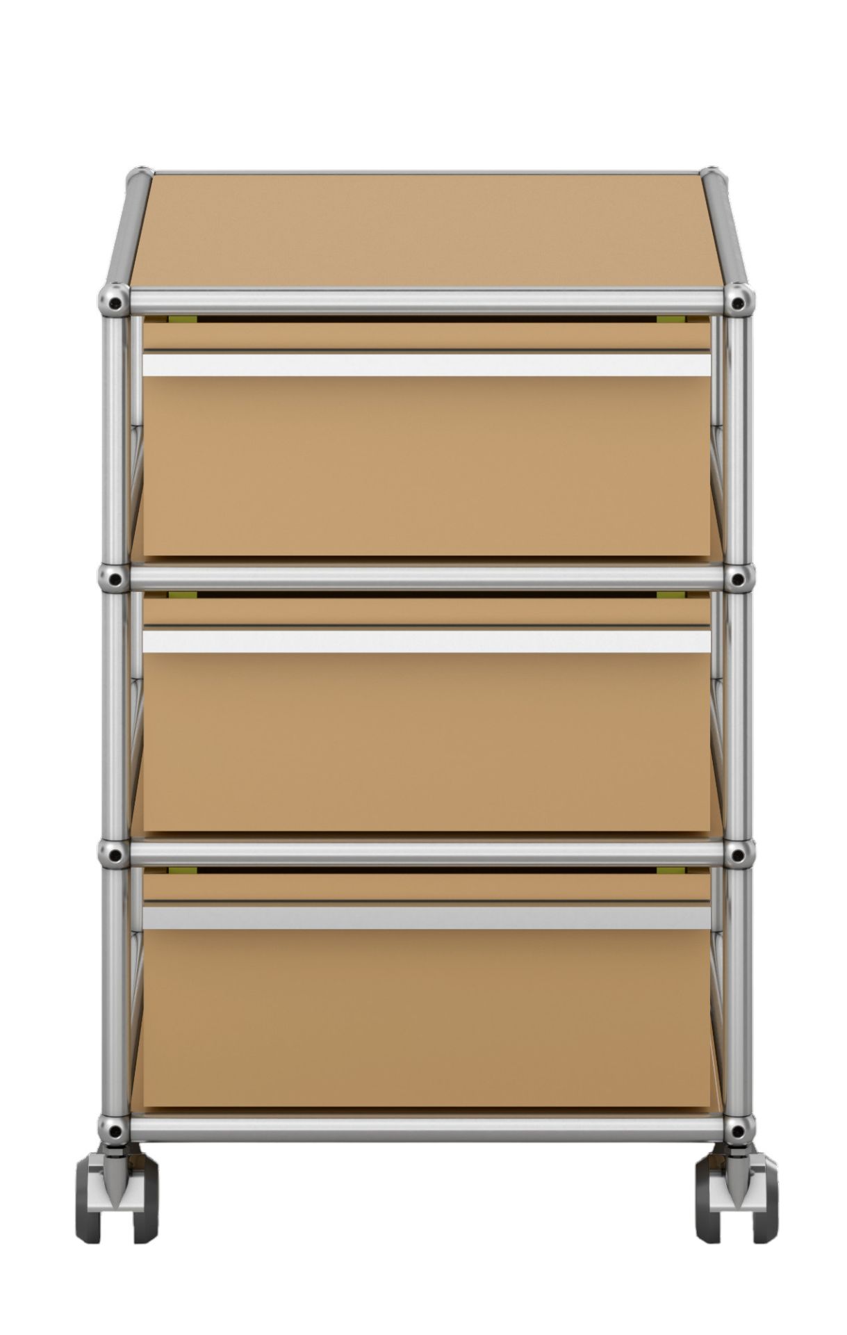 Beiger USM Haller Rollcontainer QUICK SHIP mit drei Schubladen und verchromtem Gestell.
