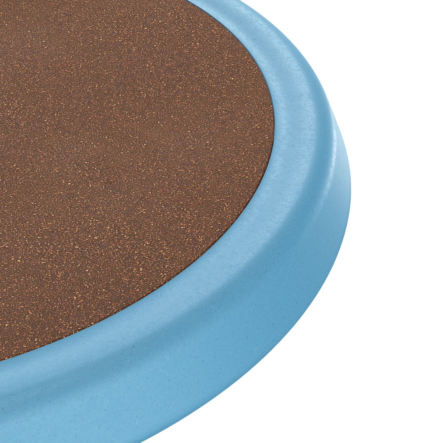 Detailaufnahme des Interstuhl ECO UP Sitzhockers mit brauner Sitzfläche und blauem Rahmen.