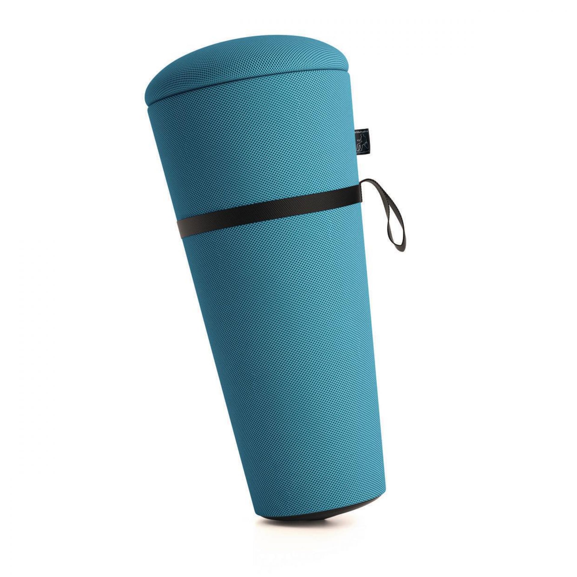 Hellblauer Stand-Up Sitzhocker von Wilkhahn, ergonomischer Stehhocker für Büro und Homeoffice mit schwarzem Trageband.