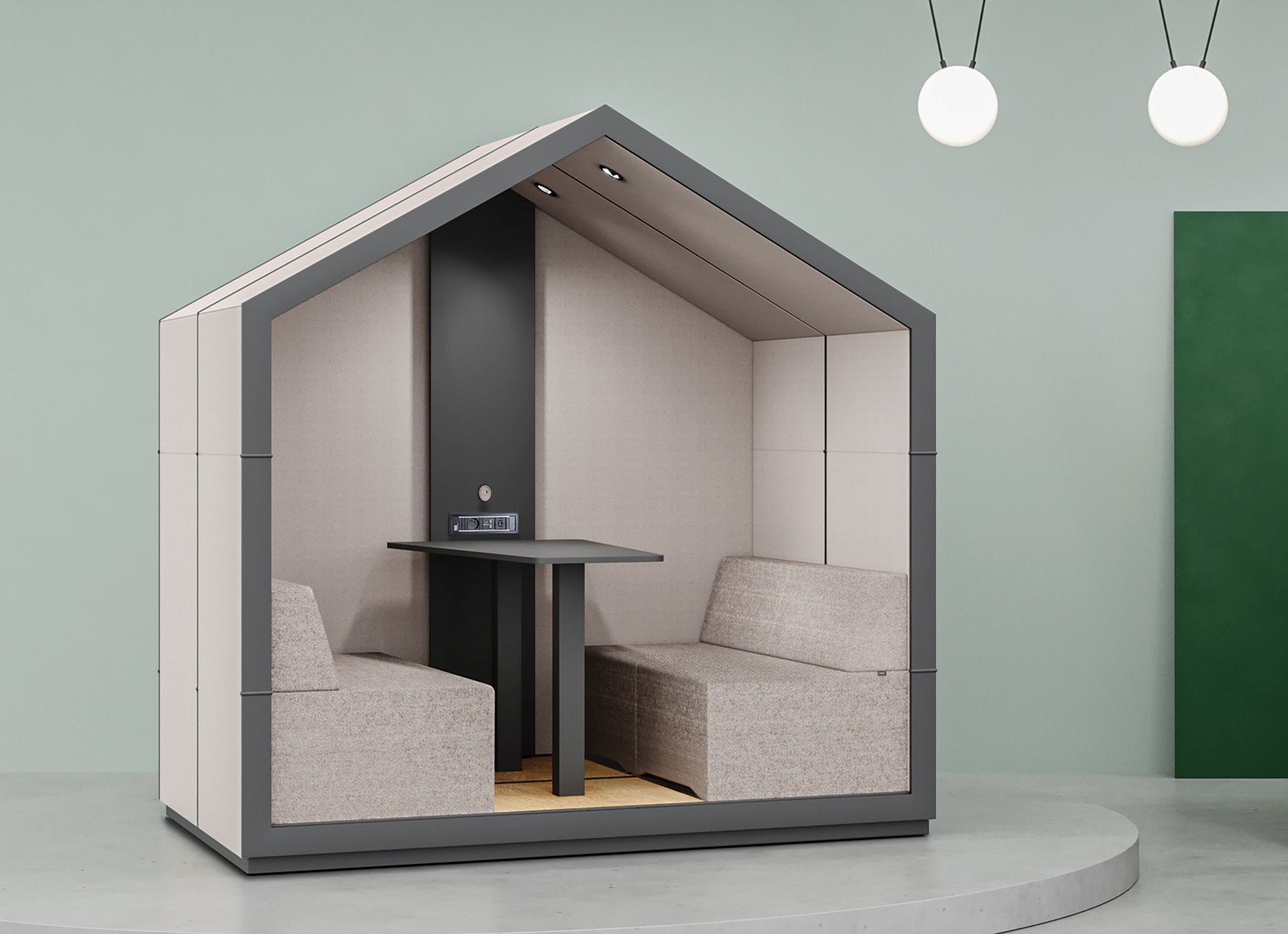 treehouse TH 4 Akustikkabine von Bejot mit Tisch und Sitzbänken für vier Personen.