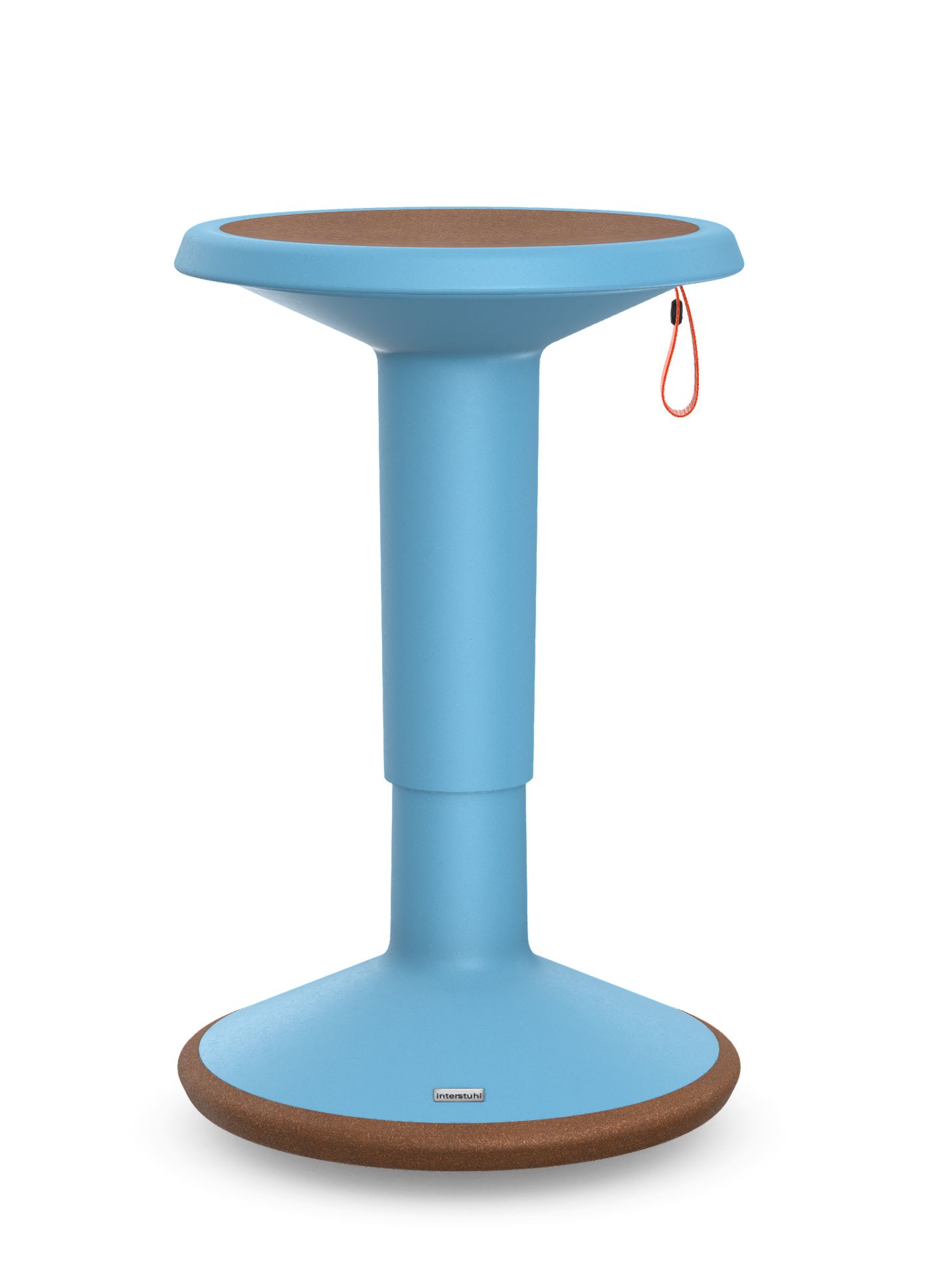 Blauer Interstuhl ECO UP Sitzhocker mit brauner Sitzfläche und Fuß, ergonomisch und höhenverstellbar.